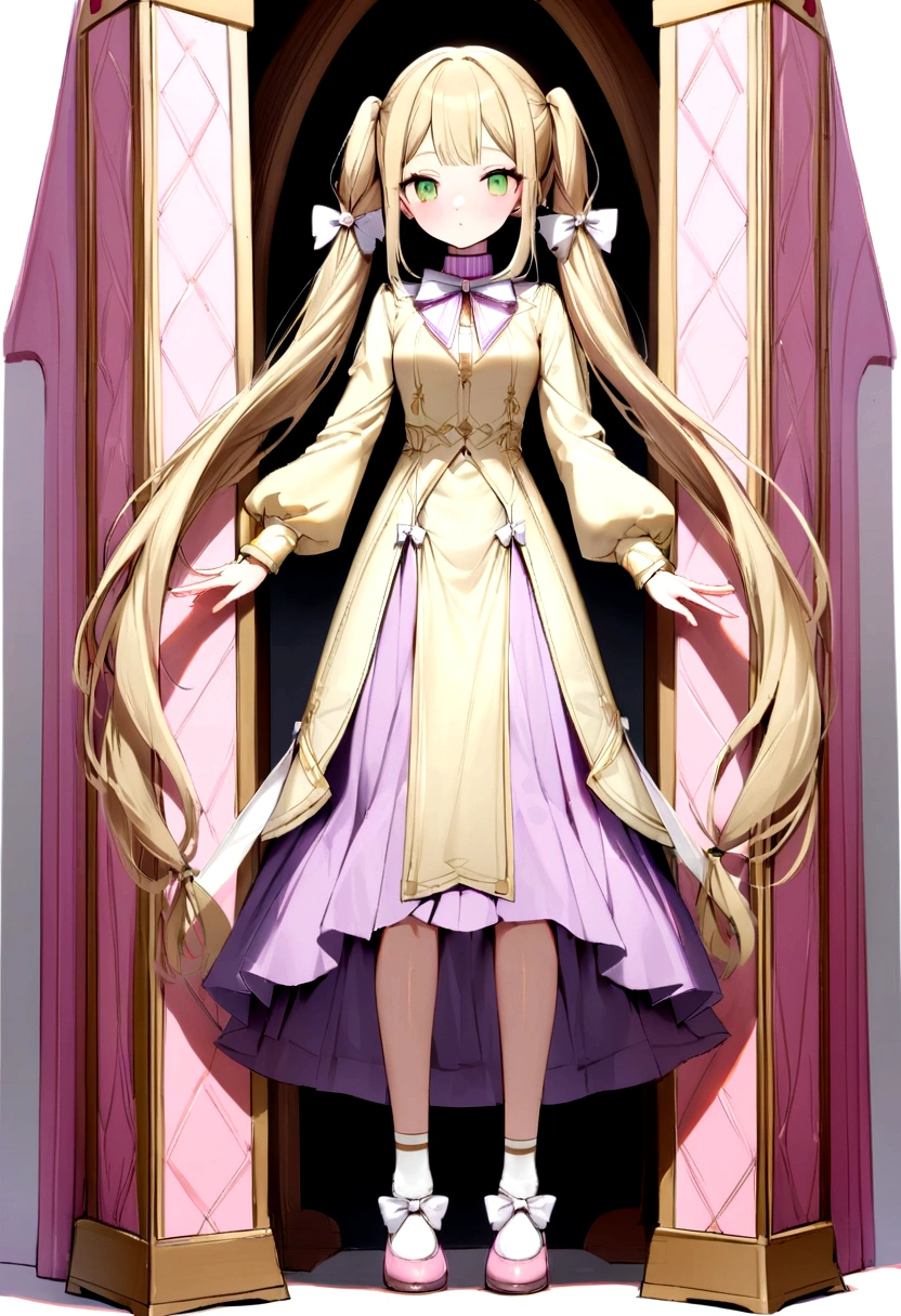 slim build, medium chest. great cases, Average height, Curves in your body, dark green eyes, Long blonde hair and its tips are painted in a pink color that is not so distinguishable, Her long hair styled with two braided pigtails placed to the right and left fell in front of her shoulders and her bangs reached her eyelids.. a white bow along with a black hairpin, light pastel yellow shirt with striped collar and long sleeves. She wears a light purple skirt with white details at the end.. complemented with white striped light pink ankle length socks,