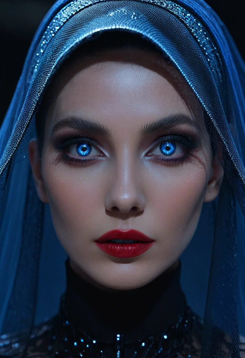 Fashionable portrait of androgynous alien looking witch wearing veil, glowing eyes, futuristic design, minimal details, givenchy, photoreal, 200mm, hd, f/ 2.0, highly detailed, surreal , drop dead, in the style of red and blue, (intricate details, hyperdetailed:1.15) (skin texture:1.2), cinematic, professional, 4k,
