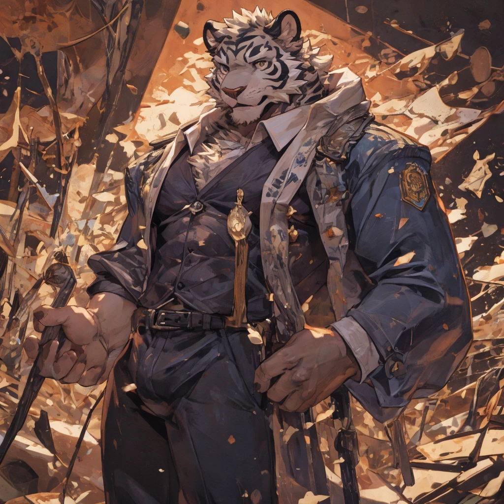 {{bara extremely handsome white tiger,}} {{white fur,}} white, wearing elegant ornate suit jacket, trousers, white dress shirt and necktie, white fluffy furry body and limbs, loafers, very tall, very broad shoulders, narrow waist, muscular arms, massive pecs, purple eyes, very long legs, massive bulge, sophisticated hot look, 3/4 view, best quality, high detail, CG image, character splash art, silver earring on left ear, sultry smirk