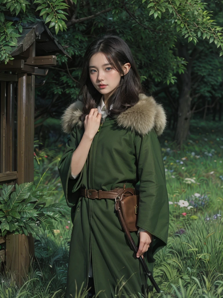yuichiro hyakuya girl, (WithoutFear:1), 1 girl, black hair, green eyes, brown coat, gray armor, elves, sylvan, green shield, green cloak, dark brown gloves, forest, fur trim, anime, standing, good quality, portrait, looking at viewer