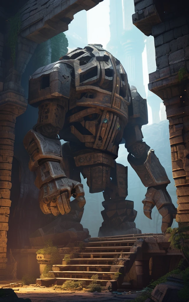 high fantasy aesthetics, highest quality, a dark and moody fantasy illustration of a goliath iron Golem on a palace hidden beneath the rubble of an abandoned city with secret passages and hidden rooms, featuring crumbling ruins and overgrown streets, high quality, highly detailed, 4k, 8k, earth giant, shining eyes, colorful body