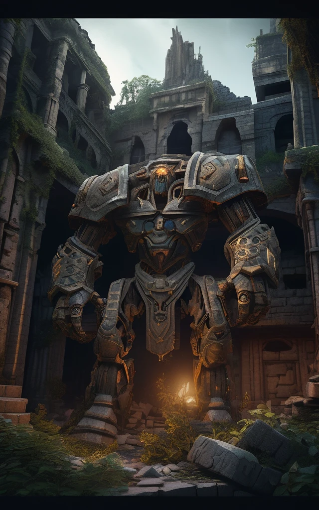 high fantasy aesthetics, highest quality, a dark and moody fantasy illustration of a goliath iron Golem on a palace hidden beneath the rubble of an abandoned city with secret passages and hidden rooms, featuring crumbling ruins and overgrown streets, high quality, highly detailed, 4k, 8k, earth giant, shining eyes, colorful body