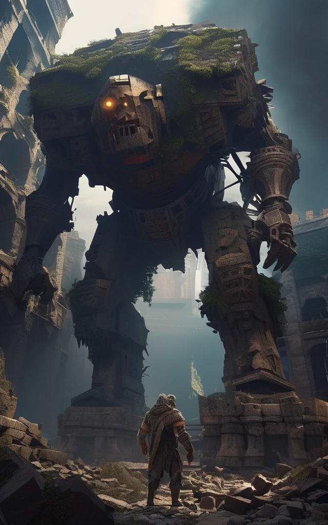 high fantasy aesthetics, highest quality, a dark and moody fantasy illustration of a goliath iron Golem on a palace hidden beneath the rubble of an abandoned city with secret passages and hidden rooms, featuring crumbling ruins and overgrown streets, high quality, highly detailed, 4k, 8k, earth giant, shining eyes, colorful body