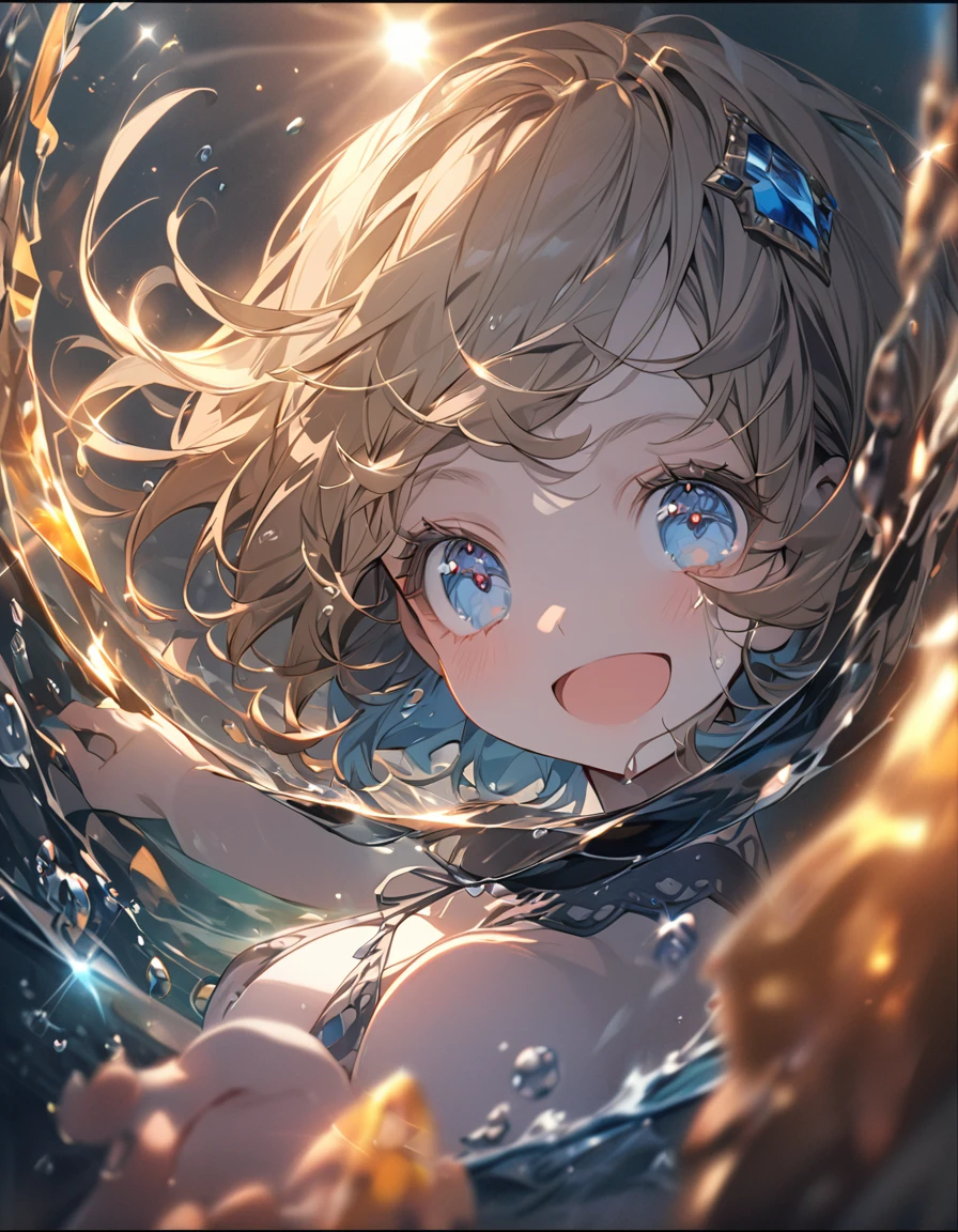 A cute girl in a swimsuit（original bikini swimsuit）(Small body) (Little Girl:1.5), (blonde:1.5）(eyelash:1.2)(eye shadow:1.3) (Blue eyes:1.5), (Beautiful fine details:1.4) (Short Bob Hair:1.4), (Blue eyes)(Big Breasts:1.3) (White skin:1.2)Height: 130cm, original character, Fantasy, View Viewer Art： (A girl with beautiful deep eyes. The depth of field in the photo is perfect、Lens flares create a nice atmosphere. The details of her face really stand out, This photo definitely gets a 10 or more.. background, There is a beautiful sea with crystal clear water and water droplets floating on the surface.　Laughing happily