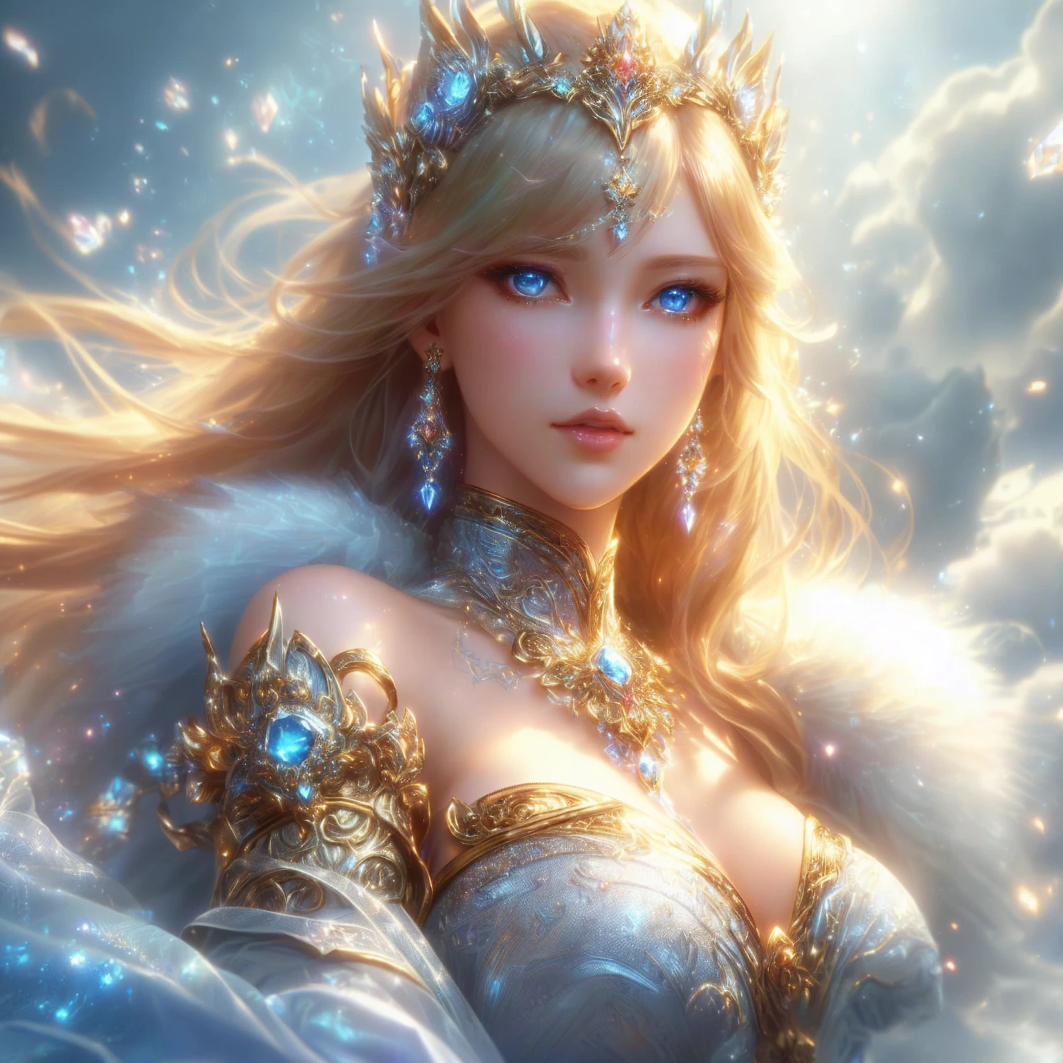 Close-up of a woman in a blue dress with lights shining behind her., extremely detailed Argerm, anime goddess, beautiful heavenly mage, High quality 8K detailed artwork., Argerm. anime illustration, Beautiful Fantasy Empress, beautiful devil girl, Fantasy anime artwork, beautiful goddess, Argerm style, Detailed digital anime art