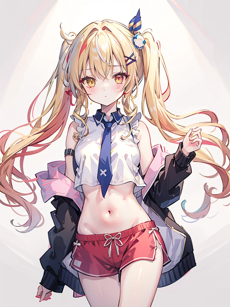 girl,hoshikawasaraNS, 1girl, solo, long hair, blond,hair ornament, long sleeves, red and yellow eyes ,navel, bare shoulders, hair ribbon,wide sleeves, side ponytail,crop top,sleeveless shirt,thigh strap, heterochromia, highleg, x hair ornament, front-tie top, strap slip, blue shorts,jacket,open jacket,,A melancholic look,blush,I&#39;Embarrassed and a little angry,Upward glance,( About )