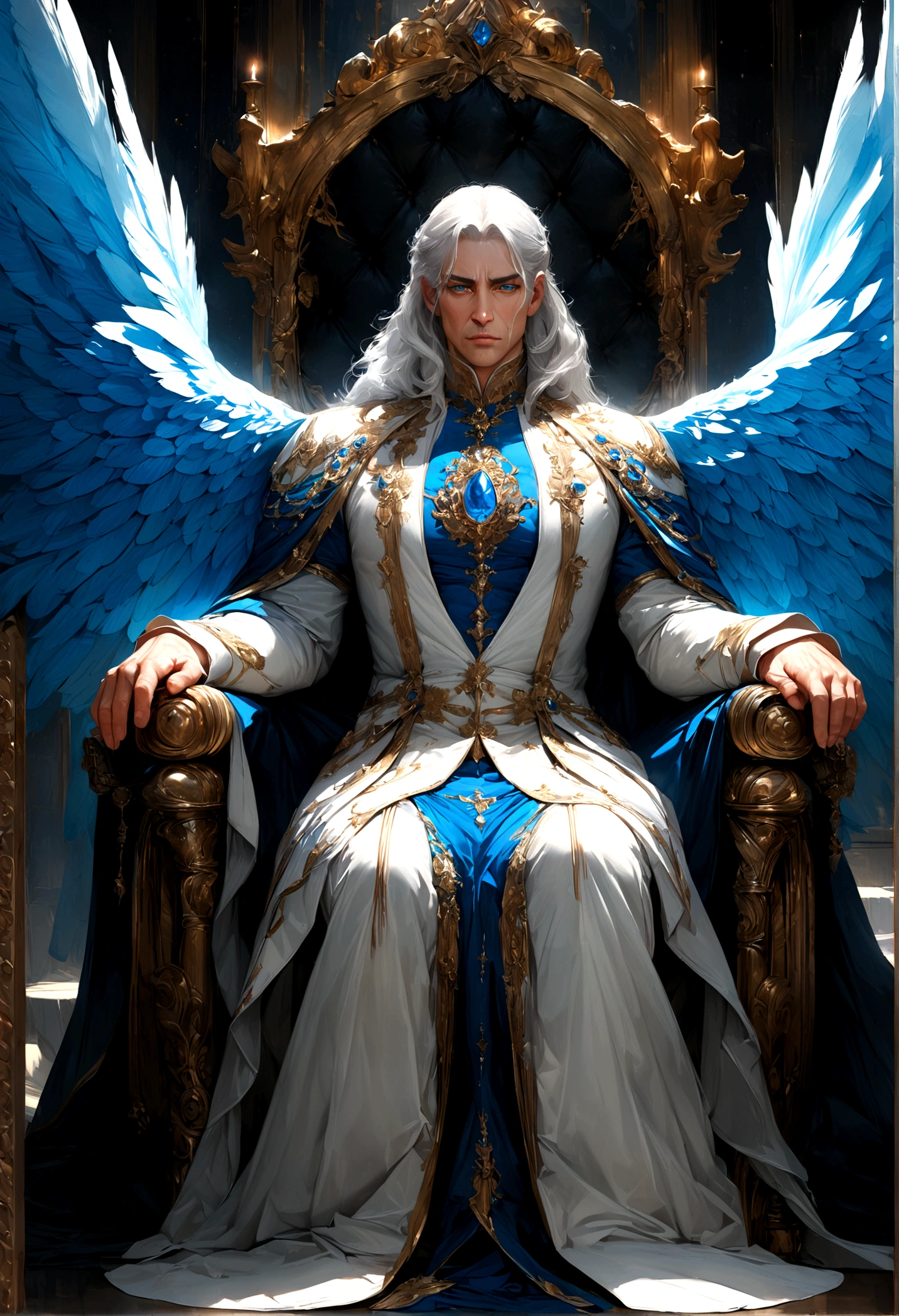 Sitting on a throne adorned with beautiful blue jewels, 1 male guardian angel with supported wings rested and folded on the throne with his hands in resting prayer position with detailed and luminous blue plumes. With large, uniform blue wings. Their beautiful, detailed faces. Very clear eyes that open with a deep and penetrating gaze. Manly short white hair detailed detailed with night sky. Hyper-detailed and hyperrealistic illustration. realism. artwork. digital art, hd, high quality. High definition, high definition. 8k.