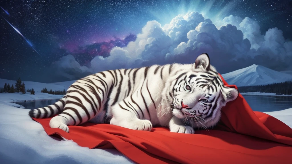 Please create a painting that meets the following criteria.
Angle of view is up, HD, Disney-Pixar style, digital painting, natural light, rich background, edge lighting, dreamy tones, color palette, aspect ratio 16:9 This painting depicts a small white tiger with a red blanket, lying peacefully on a snowy cloud, eyes closed, as if enjoying a sweet dream. It depicts a small white tiger in a red blanket lying peacefully with its eyes closed, as if enjoying a sweet dream, on a snowy cloud. The tiger's expression is very peaceful and he seems to be smiling with the corners of his mouth slightly turned up. The background of the painting is a dreamy starry sky, decorated with stars and soft halos studded in the night sky, some of which are connected by graceful lines, creating the atmosphere of a quiet and peaceful night. The overall style can be described as fantastical and full of fairy-tale colors. Warm, bright colors dominate the entire image, and the use of color is soft and layered. The small white tiger with a red blanket contrasts sharply with the dark blue and purple background, adding to the painting's snug fit by contrasting warmth and coldness. Furthermore, the exquisite details of the tiger's fur, the fluffiness of the clouds, and the twinkling of the stars add delicacy and charm to the painting.

