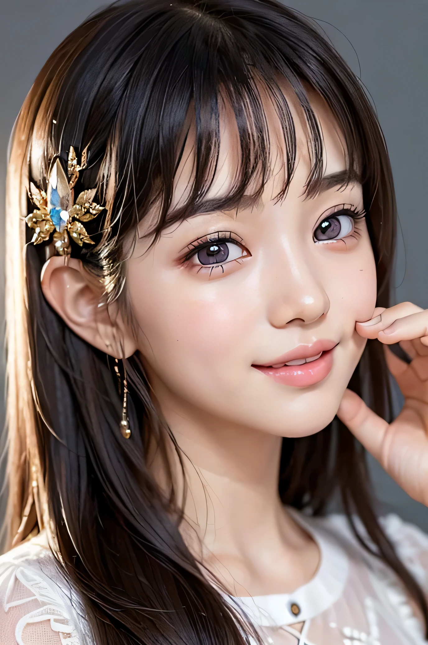 (Very beautiful cute girl), (very cute face:1.2),11 yo, (sparking crystal clear attractive large eyes:1.1), best looks, Beautiful detailed eyes, Detailed double eyelids, (smiling), (realistic photograph:1.2), long straight hair,see-through bangs