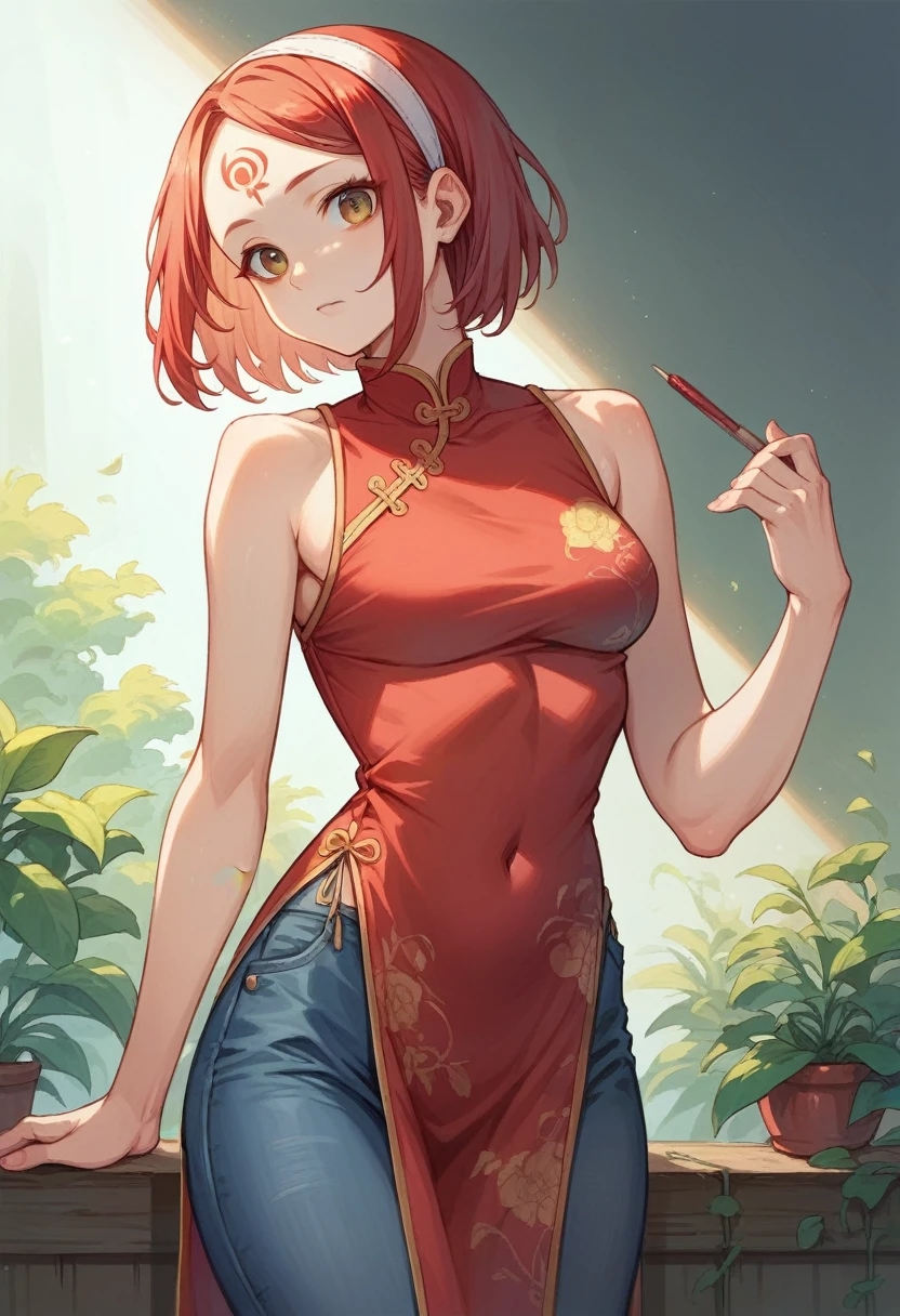 realistically， realistically，Denim lenseasterpiece，Huang Li，1 girl，Sakura Haruno，forehead prints，red hair band，red cheongsam