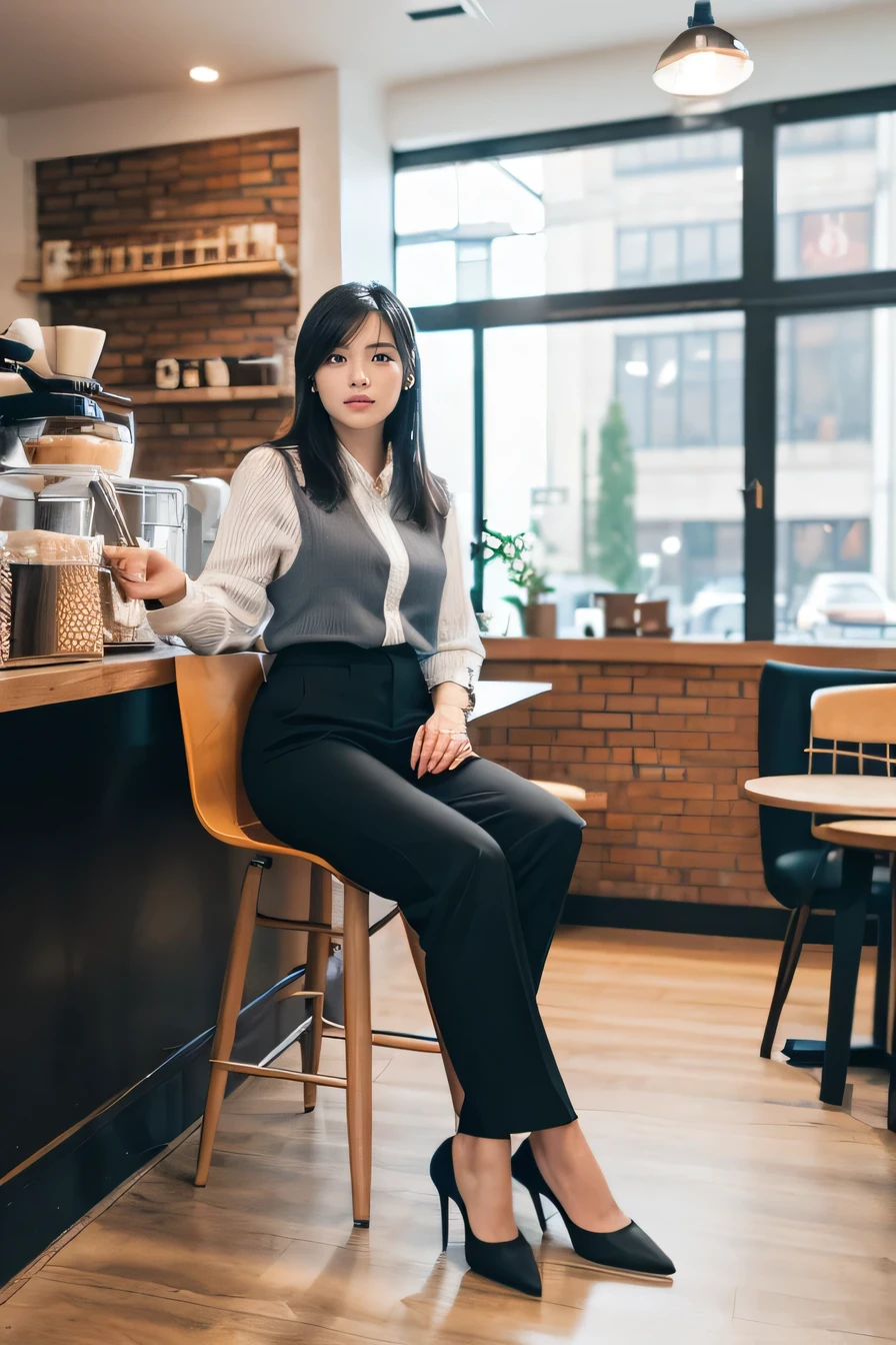 high quality,16K:1.1),(, Woman sitting on a chair in a coffee shop)(Full Body Shot:1.2),Black Hair、ear piercing、smile、Beautiful teeth alignment、((Office Lady Suits、Pants Style、pumps)), ,(View your viewers:1.3),Coffee shop on background