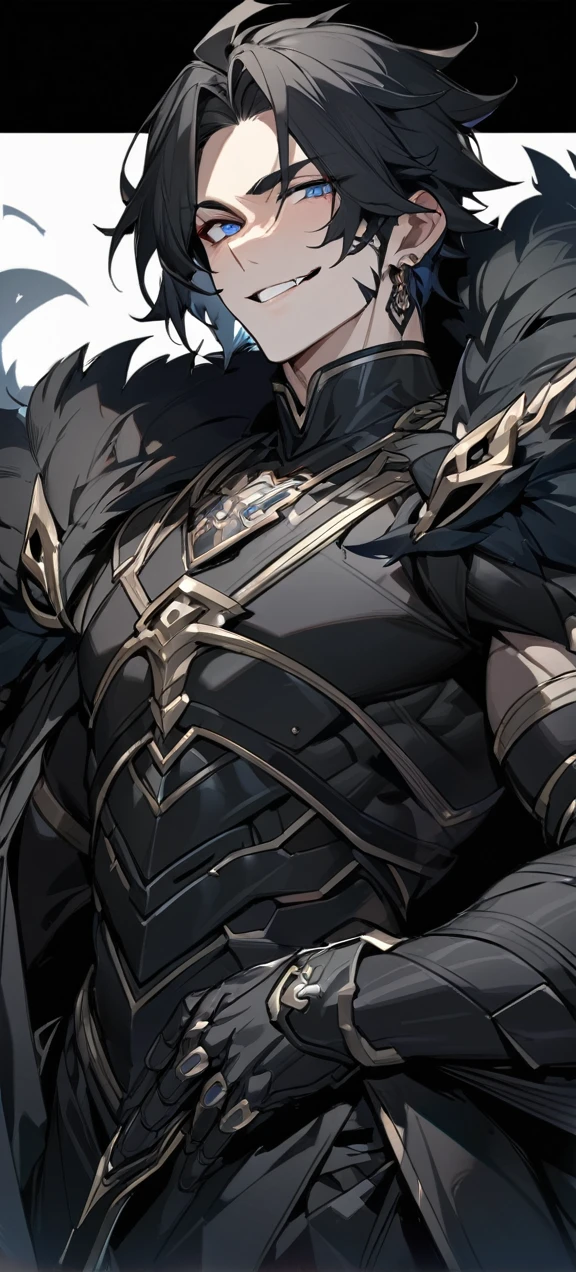  A quiet and charming young man, 30 years old, smile, gag, Portrait, Highly detailed face, 寒さとsmile, ((ดวงblue eyes)), ((black short hair)), [Thick eyebrows], ((black long coat)), ((all black)), (ดวงblue eyes) ,Short Black Quiff Hair with Soft Fringe, handsome , muscle, Facial expressions, Black Knight Armor (Plain black armor) , black fur shawl(Masterpiece,best quality,special, (Broad shoulders)) (muscle), male focus, Hand Held Weapons (Crescent repeater),Lipo,Fang Tian Hua Ji,High quality, สมจริงเป็นspecial,nonsense, height, Very detailed, HDR, Masterpiece, ใบหน้าและดวงตาที่มีรายVery detailed, dark armor, alone, ,man, handsome,, blue eyes , Villain&#39;s expression, black splash effect, dark black lightning effect,glowing glitter , symmetrical , Black Aura, strong full body view ,Fantasy Knight, Fantasy Warrior, Fantasy Knight, Fantasy Warrior in full armor , attack posture. , Details of his repeater, Characteristics and characteristics of monsters, and convey the tension and power of the encounter.."