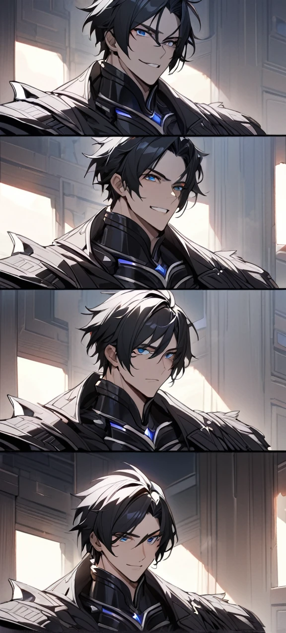  A quiet and charming young man, 30 years old, smile, gag, Portrait, Highly detailed face, 寒さとsmile, ((ดวงblue eyes)), ((black short hair)), [Thick eyebrows], ((black long coat)), ((all black)), (ดวงblue eyes) ,Short Black Quiff Hair with Soft Fringe, handsome , muscle, Facial expressions, Black Knight Armor (Plain black armor) , black fur shawl(Masterpiece,best quality,special, (Broad shoulders)) (muscle), male focus, Hand Held Weapons (Crescent repeater),Lipo,Fang Tian Hua Ji,High quality, สมจริงเป็นspecial,nonsense, height, Very detailed, HDR, Masterpiece, ใบหน้าและดวงตาที่มีรายVery detailed, dark armor, alone, ,man, handsome,, blue eyes , Villain&#39;s expression, black splash effect, dark black lightning effect,glowing glitter , symmetrical , Black Aura, strong full body view ,Fantasy Knight, Fantasy Warrior, Fantasy Knight, Fantasy Warrior in full armor , attack posture. , Details of his repeater, Characteristics and characteristics of monsters, and convey the tension and power of the encounter.."