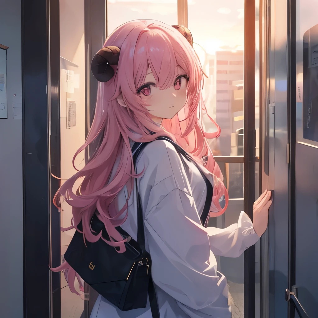 An anime-style illustration of ‘Fua-chan’ finishing work and heading home. Fua-chan has distinctive features: long pink hair styled in soft curls resembling sheep’s horns, and pink eyes. She is depicted wearing professional attire, carrying a bag over her shoulder with a tired but relieved expression on her face. She is walking through an office corridor or lobby towards the exit, with the background showing an evening setting with soft lighting. There might be a few colleagues bidding her goodbye, and outside the window, the sky is painted with the colors of sunset, creating a sense of conclusion to a long workday.