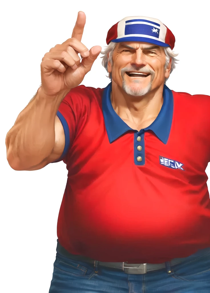 a close up of a man in his 60s wearing a red shirt and blue jeans, rising index finger, hands have FIVE FINGERS, as a character in tekken, beefy, realistic textures, jeff bridges with a goatee, best friend opening the mouth as to say "eureka!", happy, Out Run 2 flagman, 2 k, 2k, muscular bernie sanders, buff man, character from king of fighters, robust stocky body, hide the pain harold, name of character is flagman, wise face, his cap has a SEGA logo on it, (short GREY hair)