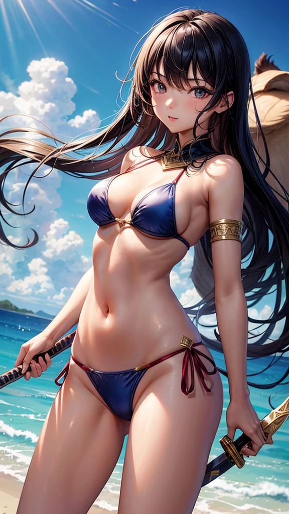 Beautiful Asian girl, 18 years old, light bikini knight girls, sexy lady, medium breasts, camel toe, long sword,