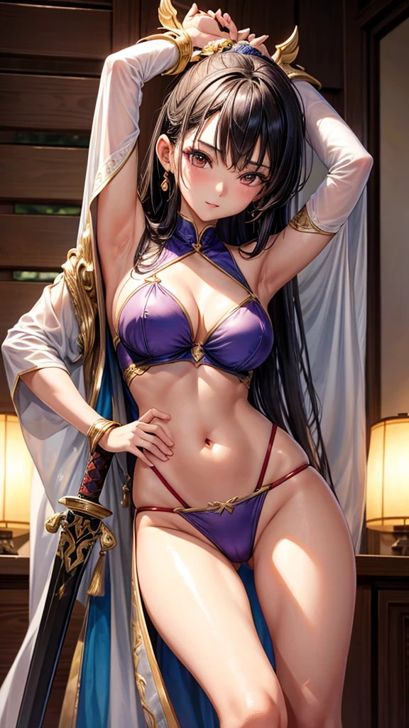 Beautiful Asian girl, 18 years old, light bikini knight girls, sexy lady, medium breasts, camel toe, long sword,