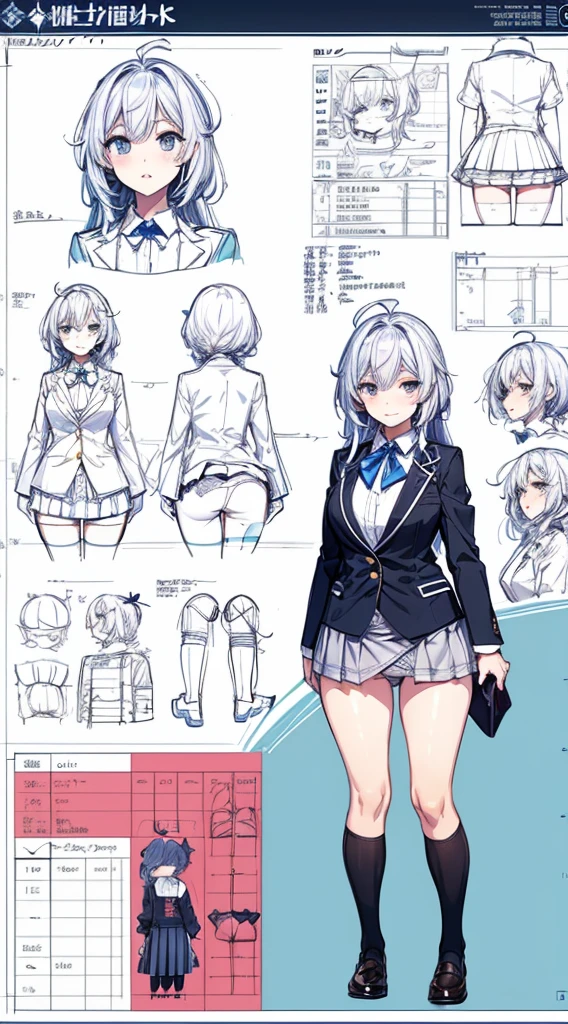 girl, alone, whole body, From head to toe, Are standing, (Huge_chest:1.3),
Character design sheet, Character Reference Sheet, 設計図のSchematic, Drafting, Blueprint, Schematic,
((Character design sheet:1.7, Character Reference Sheet:1.7,)),
anime/cartoon character wearing a girls , 1girl, alone, Thigh-high socks, blazer burezaa (blazer), Ahoge, Long Hair, bow, , shoes, loafers, ribbon, (Very short skirt:1.4), (panties:1.5),, (Good:1.7),(In underwear:1.8),nsfw,Full nudity、