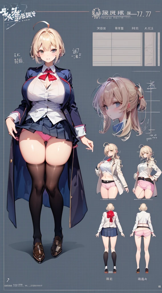 girl, alone, whole body, From head to toe, Are standing, (Huge_chest:1.3),
Character design sheet, Character Reference Sheet, 設計図のSchematic, Drafting, Blueprint, Schematic,
((Character design sheet:1.7, Character Reference Sheet:1.7,)),
anime/cartoon character wearing a girls , 1girl, alone, Thigh-high socks, blazer burezaa (blazer), Ahoge, Long Hair, bow, , shoes, loafers, ribbon, (Very short skirt:1.4), (panties:1.5),, (Good:1.7),(In underwear:1.8),nsfw,Full nudity、