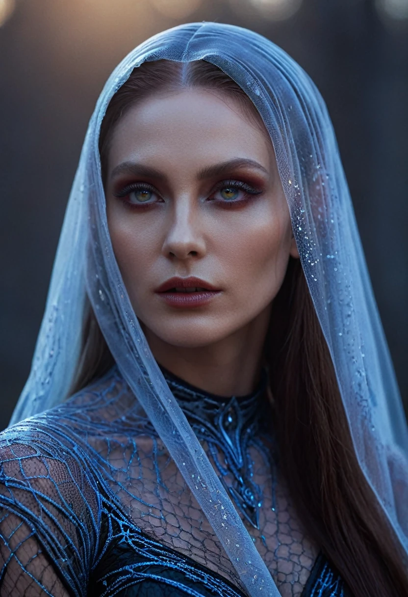 Fashionable of androgynous alien looking witch wearing veil, glowing eyes, beautiful evil slavic muscular woman, pale skin, long hair, futuristic design, minimal details, givenchy, photoreal, 200mm, hd, f/ 2.0, highly detailed, surreal , drop dead, in the style of red and blue, (intricate details, hyperdetailed:1.15) (skin texture:1.2), cinematic, professional, 4k, (((dynamic model pose))), sitting, full body, mesmerizing, dynamic, dramatic, sensual, dynamic pose, highly detailed skin with hair, subcutaneous veins, light and shadow play, highly detailed,24mm photograph, film, bokeh, professional, 4k,