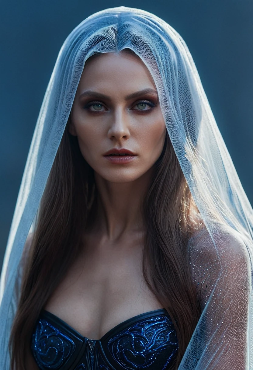 Fashionable of androgynous alien looking witch wearing veil, glowing eyes, beautiful evil slavic muscular woman, pale skin, long hair, futuristic design, minimal details, givenchy, photoreal, 200mm, hd, f/ 2.0, highly detailed, surreal , drop dead, in the style of red and blue, (intricate details, hyperdetailed:1.kin texture:1.2), cinematic, professional, 4k, (((dynamic model pose))), sitting, full body, mesmerizing, dynamic, dramatic, sensual, dynamic pose, highly detailed skin with hair, subcutaneous veins, light and shadow play, highly detailed,24mm photograph, film, bokeh, professional, 4k,