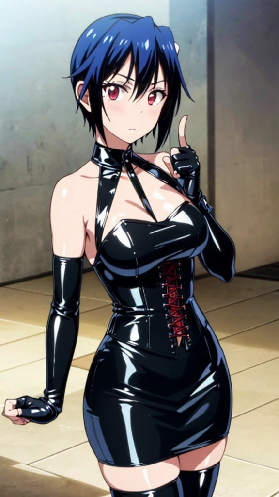 masterpiece, highest quality, High resolution, highly detailed face, Detailed CG, blue hair, red eyes, short hair,large breasts, (Long gloves covered in black latex all the way to the fingertips), (Black latex corset dress), (Halter neck corset dress), (Black latex tight mini skirt), (Black thigh-high boots),blush, stylish pose, stylish angle, looking at the viewer, in the center of the image, cowboy shot,