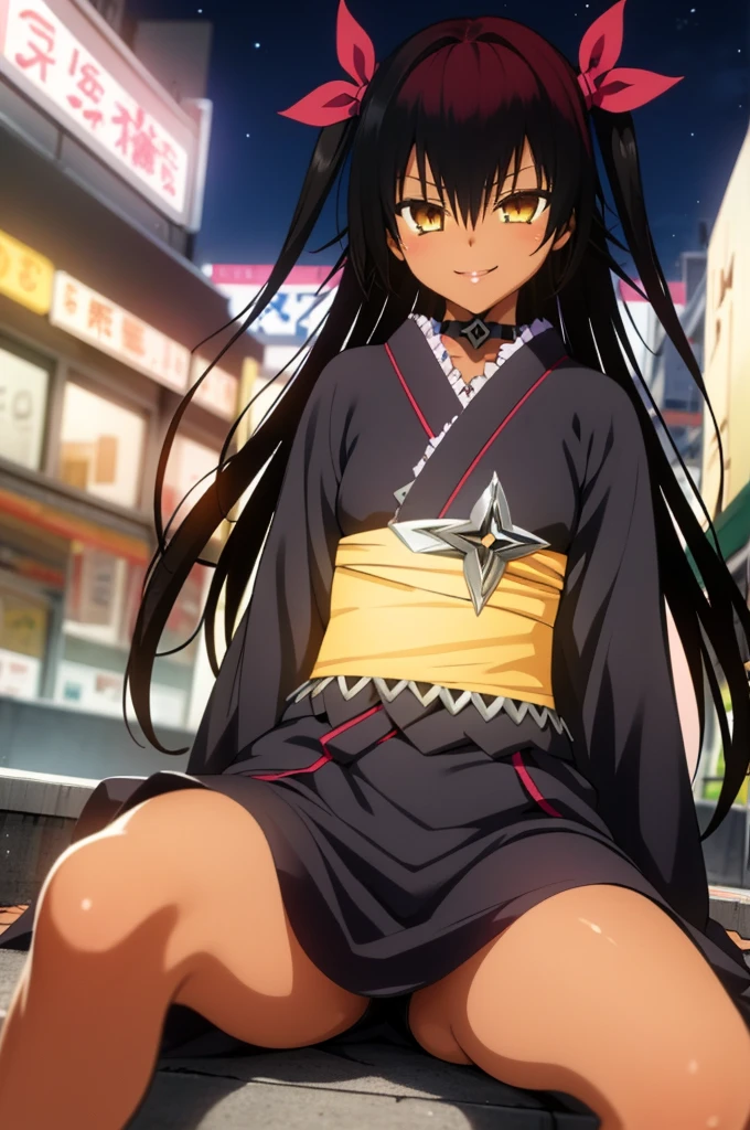 , 1girl, aster nemesis, dark-skinned female, black hair, very long hair, yellow eyes, flat chest kimono, obi, ribbon, twin tails, looking at viewer, outdoors, city, night, smile, ,sitting on ground,open legs,spread legs