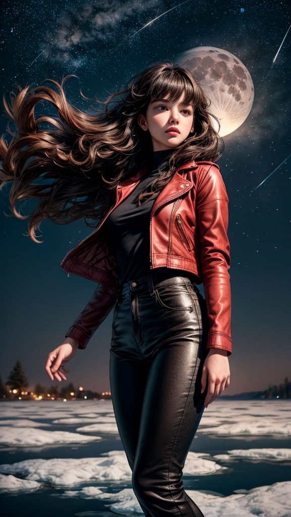 1 girl on a frozen lake, neve, night and starry sky, Trees, flowers, the girl wears a red leather jacket, black blouse and brown pants, focus on his face, your hair flies with the wind, dark curly hair, she looks at the moon and the stars, looks sad, is accompanied by a frightening shadow, she is accompanied by monsters, 1 girl with dark, curly hair