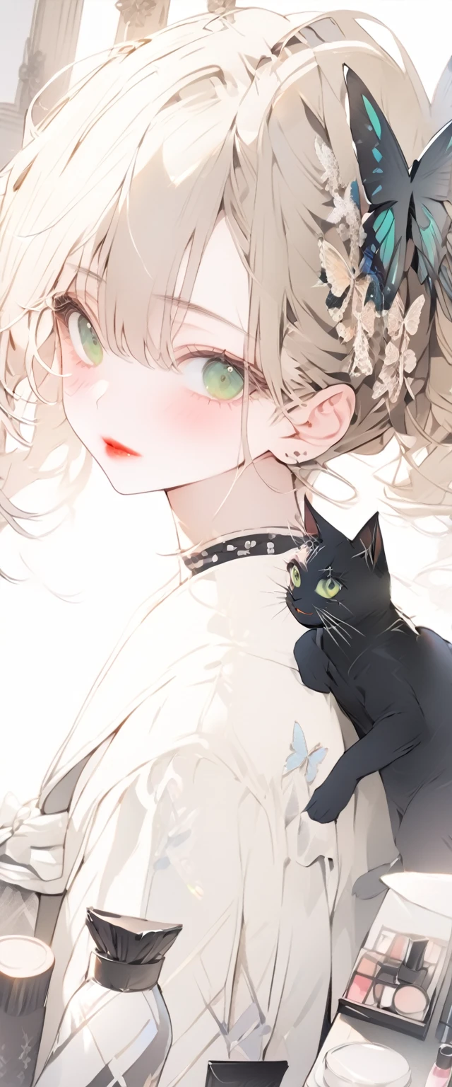 8K, alone, beautiful girl, black cat, cosmetics, blush, Lipstick, red lips, portrait, actual, Green eyes, looking at the audience, painting, Butterfly,