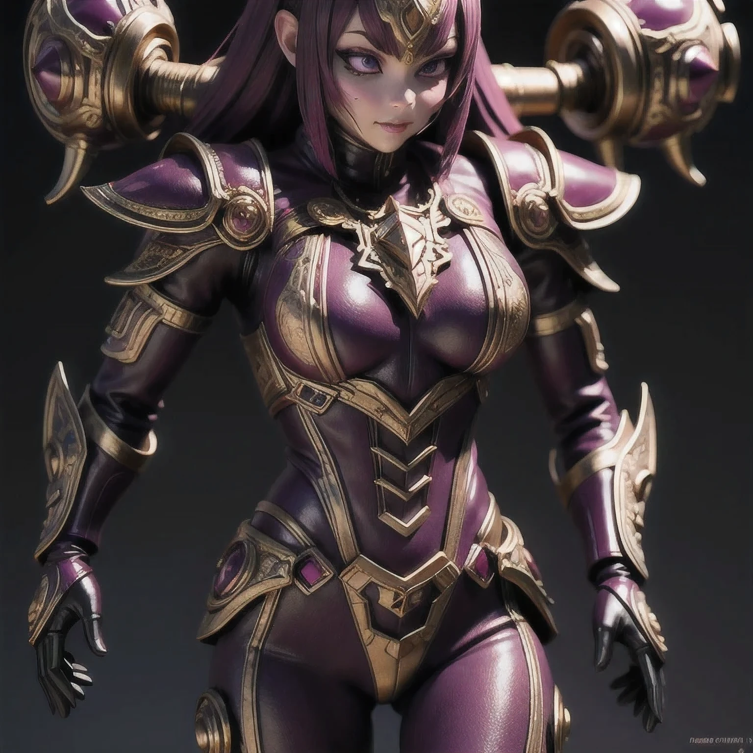 Close up of purple and gold toys, Super detailed fantasy characters, Science Fiction Characters render, detailed humanoid, Star Pathfinder Characters, Science Fiction Characters, Science Fiction Characters, humanoid character, very detailed character, Color Rendering, 3D Rendering Character Art 8K, Alien Armor, safi'jiiva armor, Marmoset Rendering