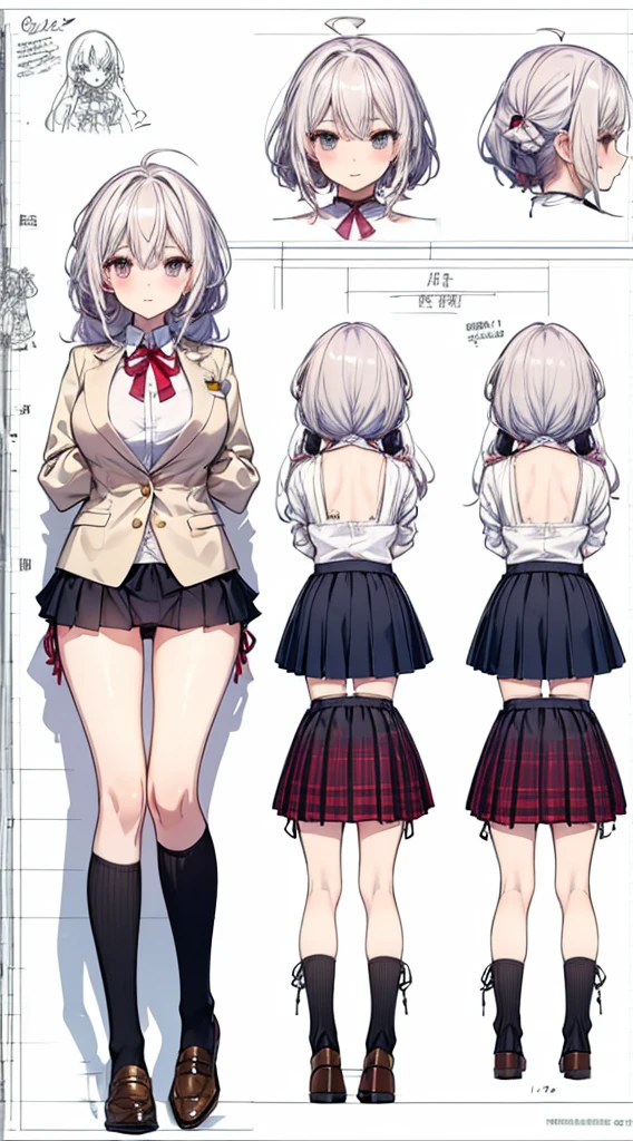 girl, alone, whole body, From head to toe, Are standing, (Huge_chest:1.3),
Character design sheet, Character Reference Sheet, 設計図のSchematic, Drafting, Blueprint, Schematic,
((Character design sheet:1.7, Character Reference Sheet:1.7,)),
anime/cartoon character wearing a girls , 1girl, alone, Thigh-high socks, blazer burezaa (blazer), Ahoge, Long Hair, bow, , shoes, loafers, ribbon, (Very short skirt:1.4), (panties:1.5),, (Good:1.7),(In underwear:1.8),nsfw,Full nudity、