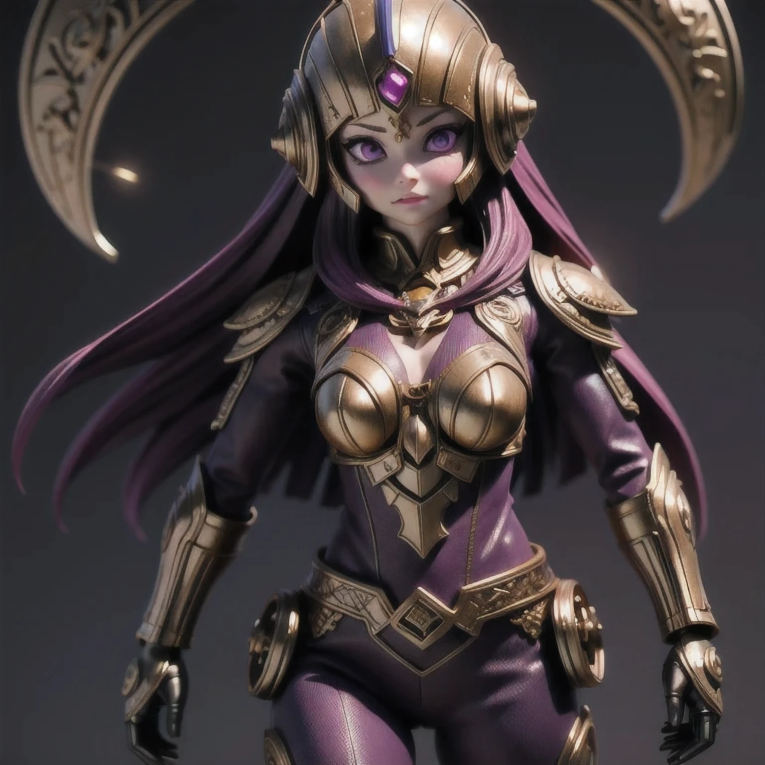 Close up of purple and gold toys, Super detailed fantasy characters, Science Fiction Characters render, detailed humanoid, Star Pathfinder Characters, Science Fiction Characters, Science Fiction Characters, humanoid character, very detailed character, Color Rendering, 3D Rendering Character Art 8K, Alien Armor, safi'jiiva armor, Marmoset Rendering