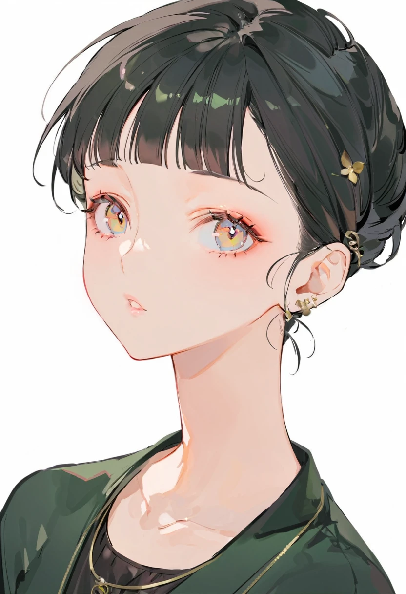 Boyish beautiful girl,Black very short hair,Black hair bangs, Wearing a black silk shirt,