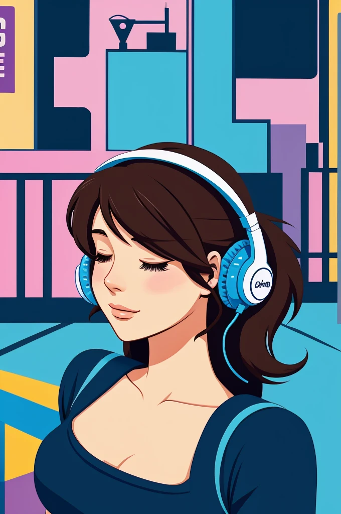 Cartoon girl sleeping with headphone and background a city