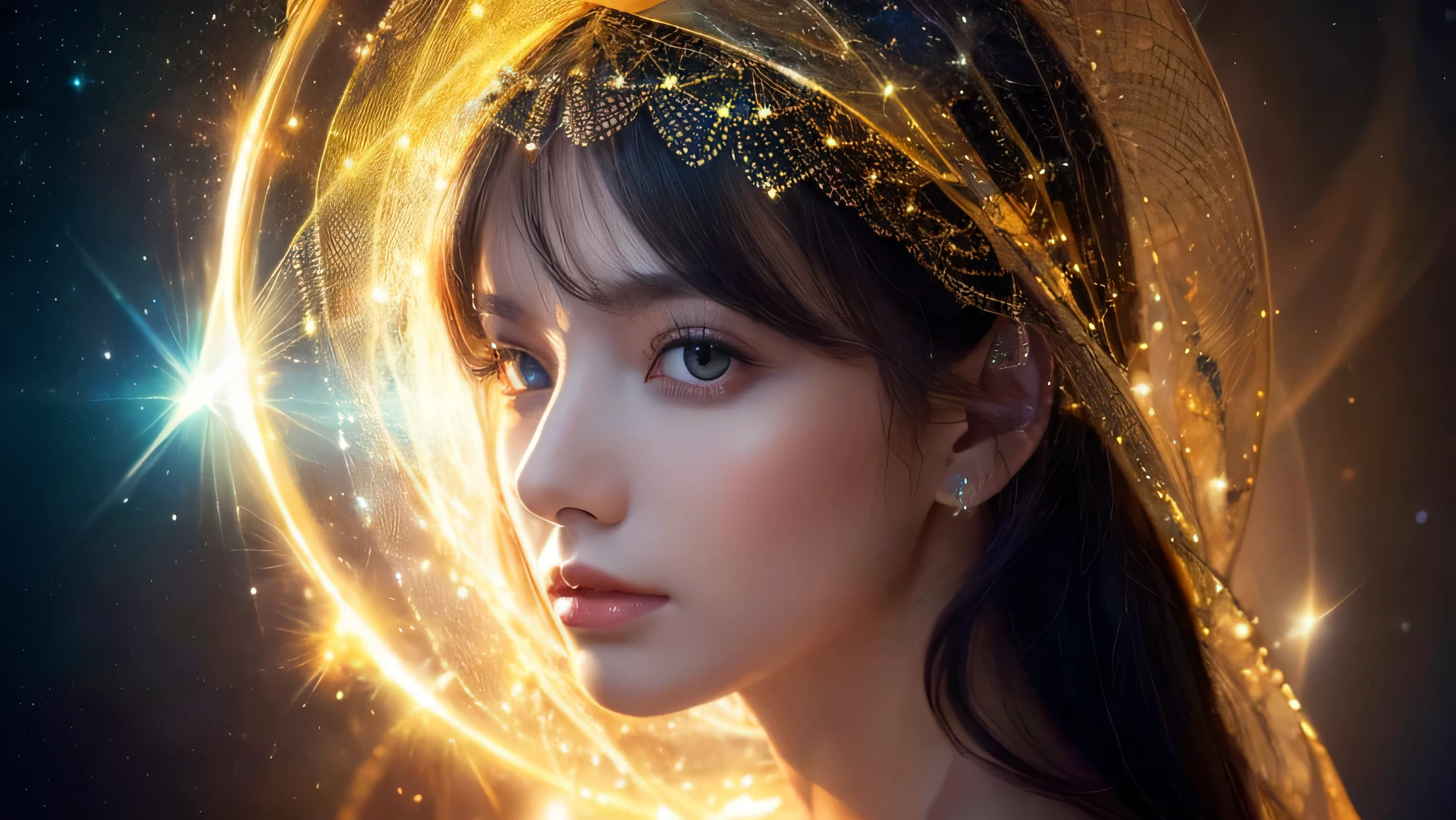 ((Highest quality, 8K, masterpiece: 1.3)), Clear Focus: 1.2, Outstanding beauty: 1.4, Fractal Art、Cosmic glow、mystery、crystal