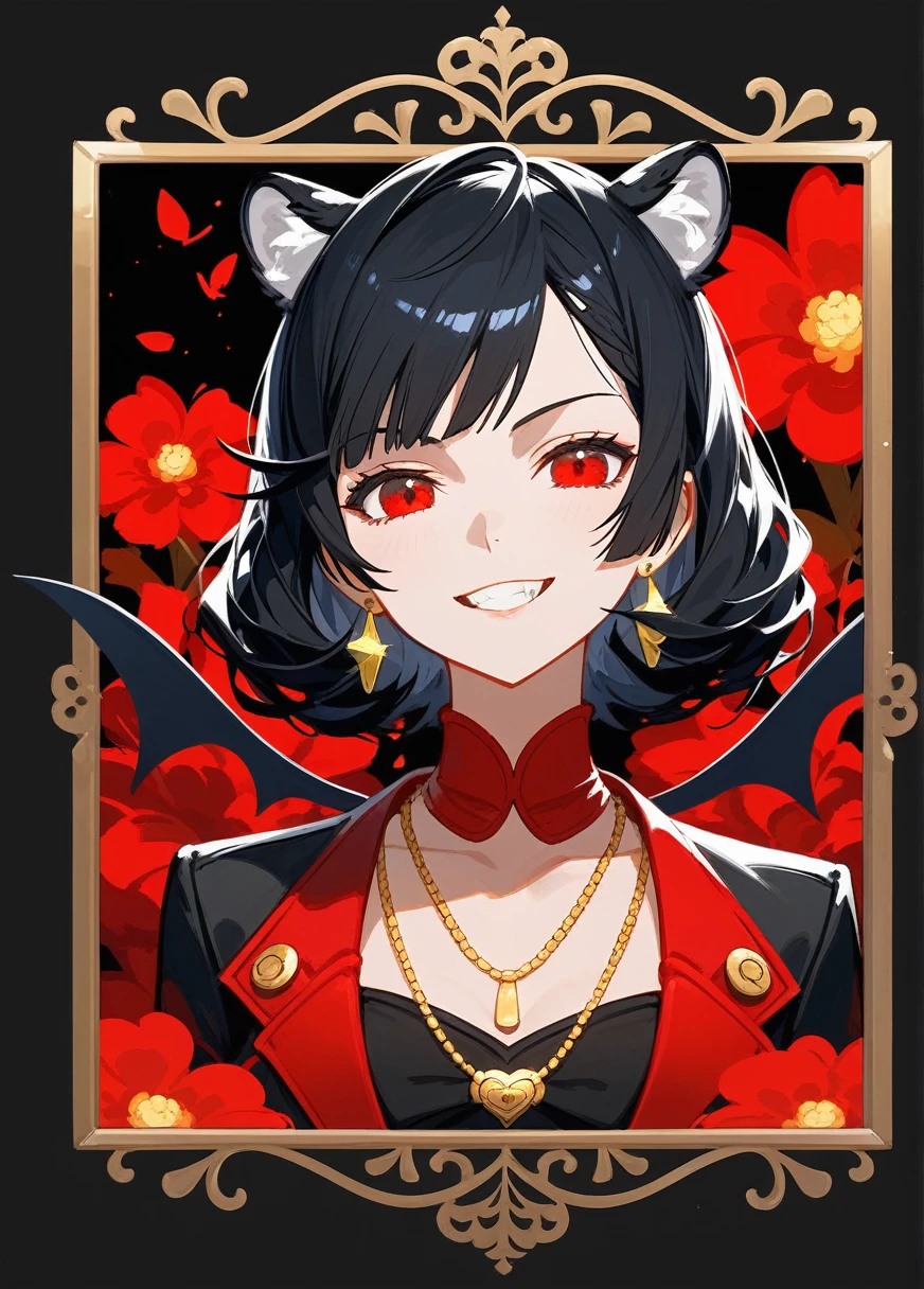 (Fraction_9,Fraction_8_Direction_7_up),(1 woman),Close shot,(Sexy),Half Body,Tiger Teeth,Weird,Smirk,身着Sexy燕尾服,vampire,Gold necklace,Gold earrings,There is a woman wearing a red shirt and a black skirt, Inspired by Huang Ji, Fashion Design, Black and red silk dress, Inspiration from the ages, Ruffled Clothing, Gorgeous crimson finery, Only available in black and red!!!, picture, Inspired by Xie Huan, Inspired by Yuan Jiang, Full body fairy, Red and black clothing!!!Red Eye,Broken bat wings, Illustration by Shigenori Soejima, Persona 5 art style wlop, Official artwork with high detail, Very detailed and beautiful fan art, guilty gear art style,No background,