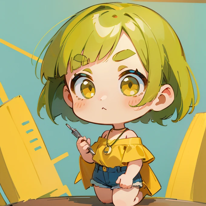(masterpiece, Highest quality:1.2), (2 head body chibi character:1.1), One Girl, Yellow-green hair, Bob Hair, Top of the head, Yellow-green eyes, Yellow off-shoulder blouse, Denim shorts, Short bangs, Thick eyebrows, Round necklace, Cute atmosphere, Holding a syringe, (Photo studio with blue background:1.0)