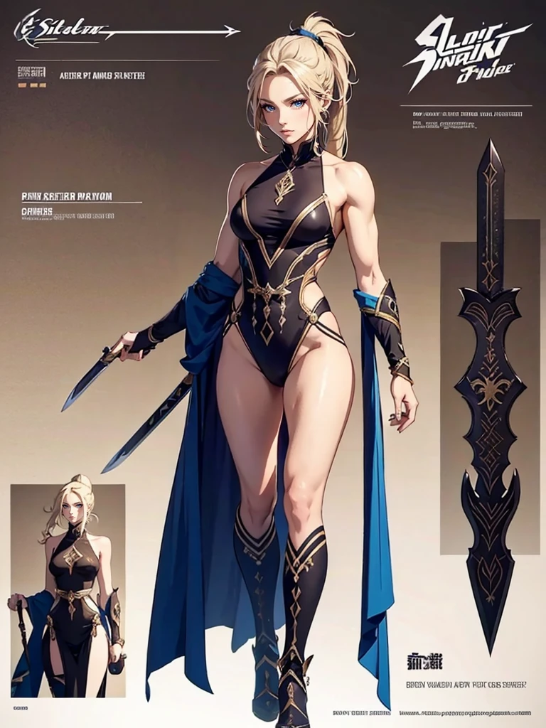 Muscular female, full body, ponytail, makeup , best quality, blade dancer, sect princess, cultivator, floating swords, full body, character sheet, elegent clothing, flowing clothing 