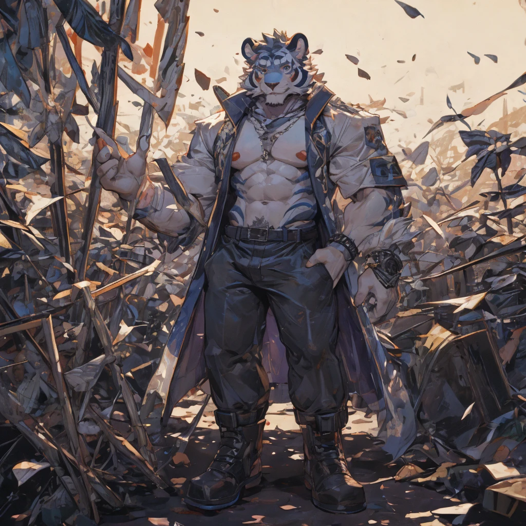 {{bara extremely handsome white tiger,}} {{white fur,}} white, wearing elegant ornate suit jacket, trousers, white dress shirt and necktie, white fluffy furry body and limbs, loafers, very tall, very broad shoulders, narrow waist, muscular arms, massive pecs, purple eyes, very long legs, massive bulge, sophisticated hot look, 3/4 view, best quality, high detail, CG image, character splash art, silver earring on left ear, sultry smirk