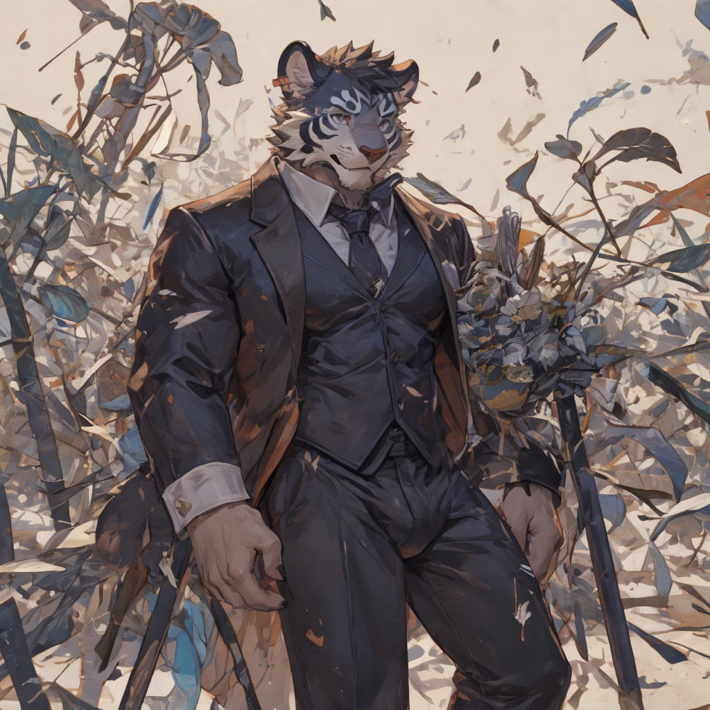 {{bara extremely handsome white tiger,}} {{white fur,}} white, wearing elegant ornate suit jacket, trousers, white dress shirt and necktie, white fluffy furry body and limbs, loafers, very tall, very broad shoulders, narrow waist, muscular arms, massive pecs, purple eyes, very long legs, massive bulge, sophisticated hot look, 3/4 view, best quality, high detail, CG image, character splash art, silver earring on left ear, sultry smirk