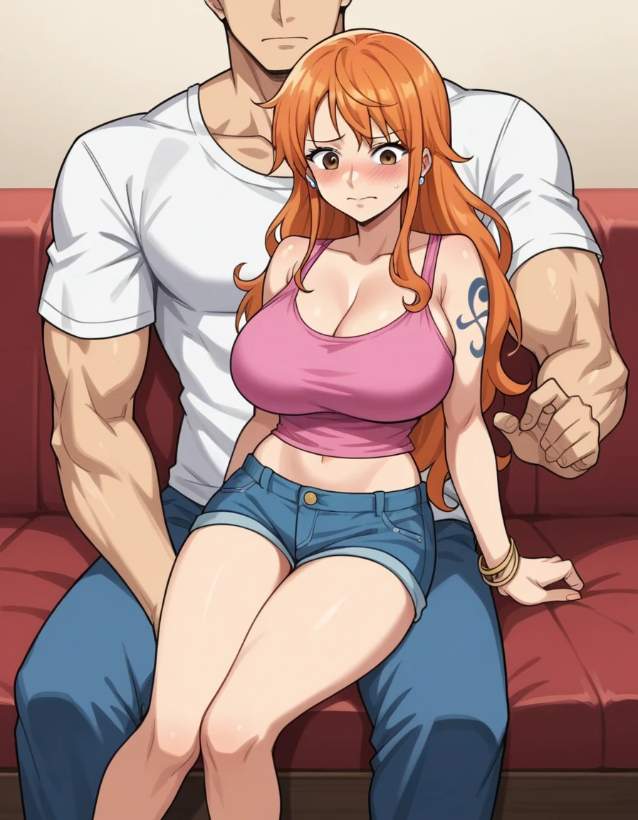 score_9, score_8_up, score_7_up, source_anime BREAK, anime screencap, Nami, orange hair, long hair, big breasts, pink tank top, short pants, embarrassed_female, 1boy, muscle_male, faceless male, male face out of frame, size difference, white T-shirt, netorare, sitting sofa, hotel, side by side, from front
