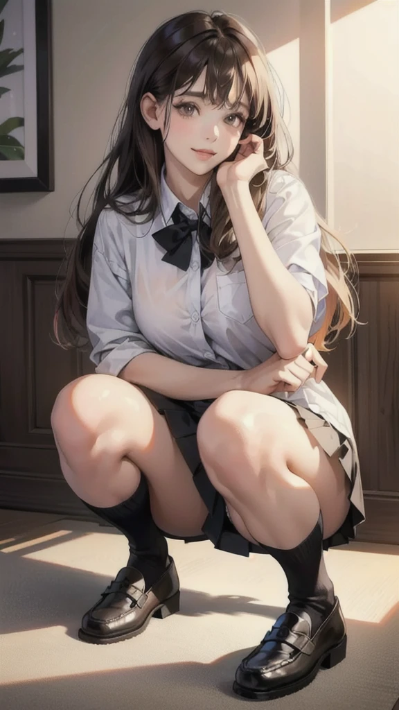 Realistic, Lip gloss, Realistic, Highest quality, Ultra-high resolution, depth, pastel colour, Natural Shadows, Focus on the face, Just a face, Looking at the audience, Long Hair, Brunette Hair, Brown, narrow eyes, (masterpiece, Highest quality), 1 Girl, alone, from the front,
(shut up), smile, Part your lips,
Shiny skin, Thick thighs, White panties,
, Serap, Pleated skirt, loafers, Black socks, squat, indoor, Looking at the audience, Anatomically correct