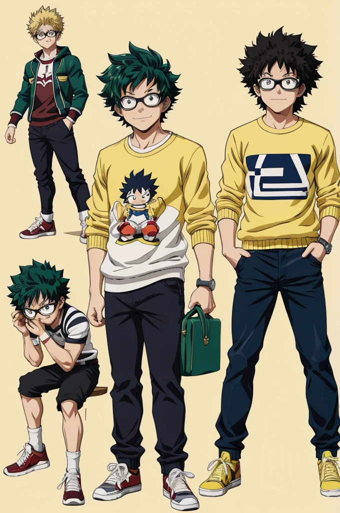 Drawing style of my hero academia Izuku Midoriya, the protagonist of Bolu no Hero Academia, next to a tall white-skinned boy with glasses with medium-long hair that covers his face a little with a yellow sweater with blue jean pants and flat tennis shoes holding a chocolate cake and in the background a class from the UA of My hero academy, anime version