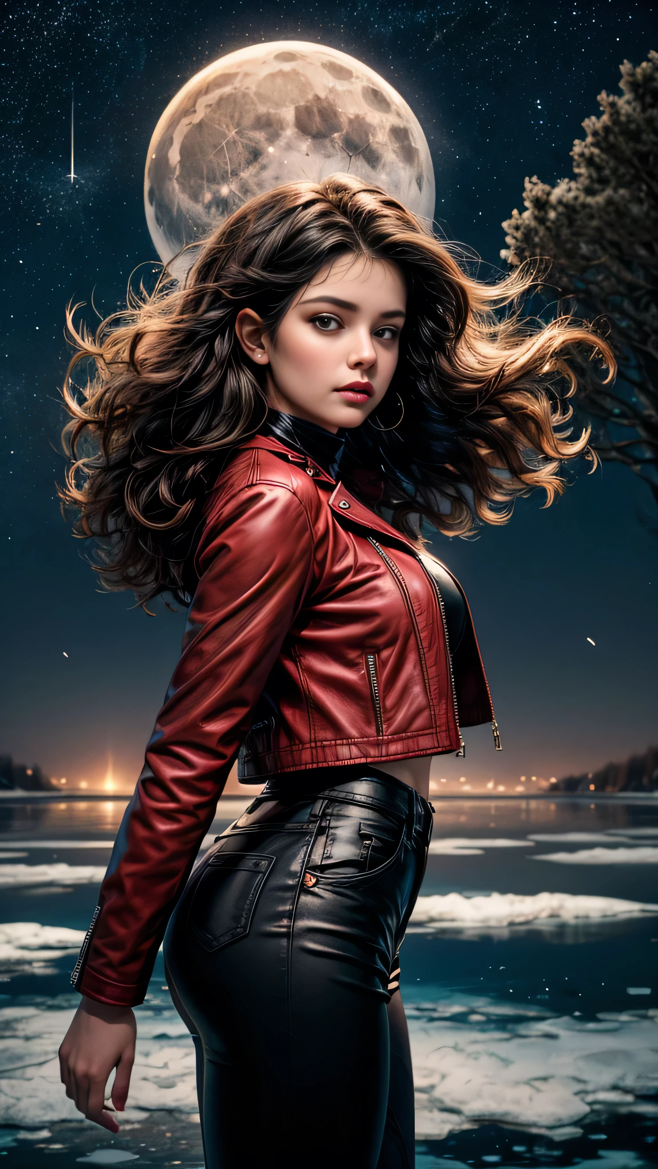 1 girl on a frozen lake, neve, night and starry sky, Trees, flowers, the girl wears a red leather jacket, black blouse and brown pants, focus on his face, your hair flies with the wind, dark curly hair, she looks at the moon and the stars, looks sad, is accompanied by a frightening shadow, she is accompanied by monsters, 1 girl with dark, curly hair