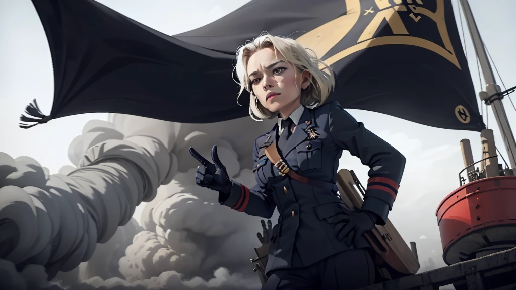 German World War II scene,Blue flag flying,Spectacular,Magnificent,style,Brunette Queen,Hitler hand gesture
