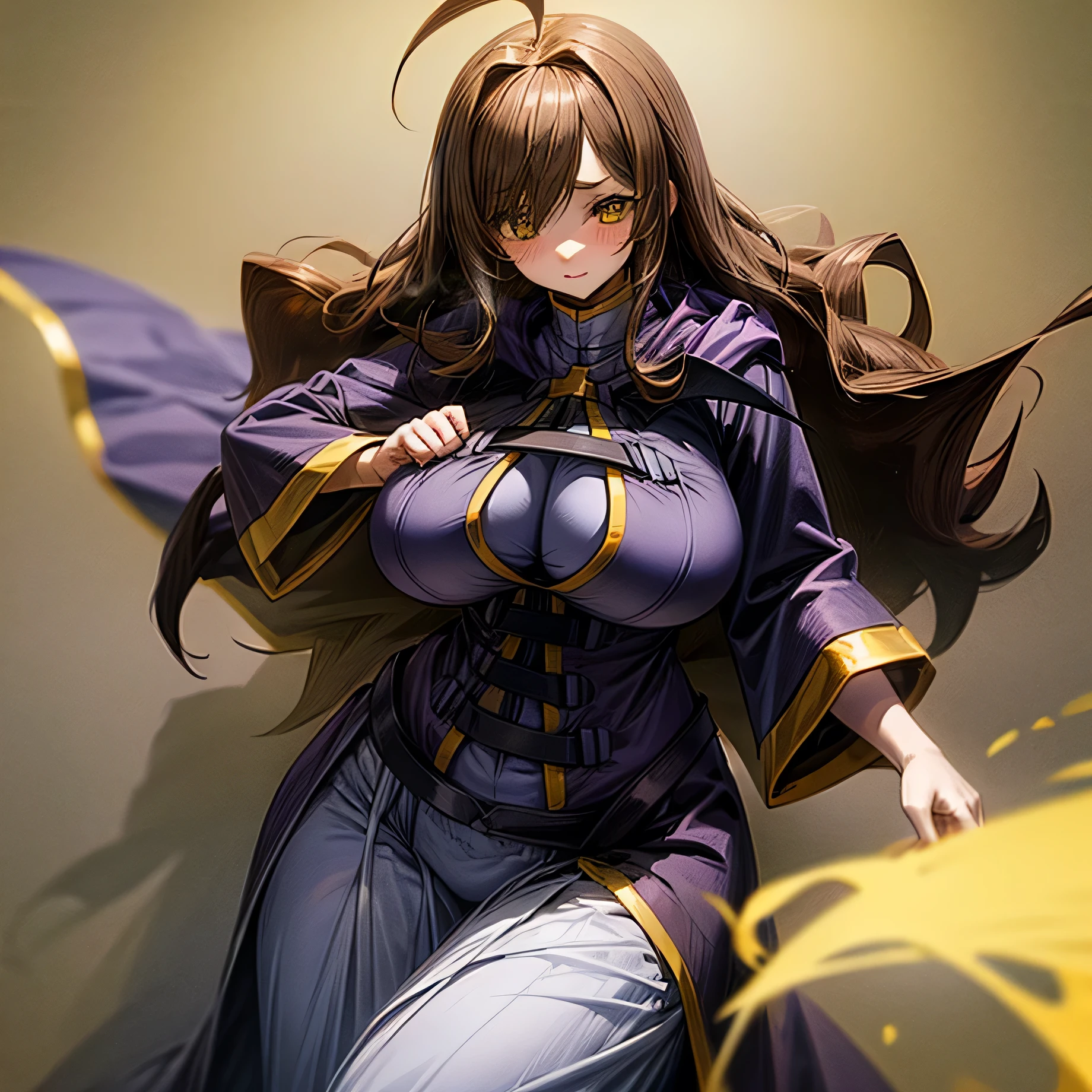 Brown hair,long hair,yellow eyes,big breasts,Big hips,purple robe,blush