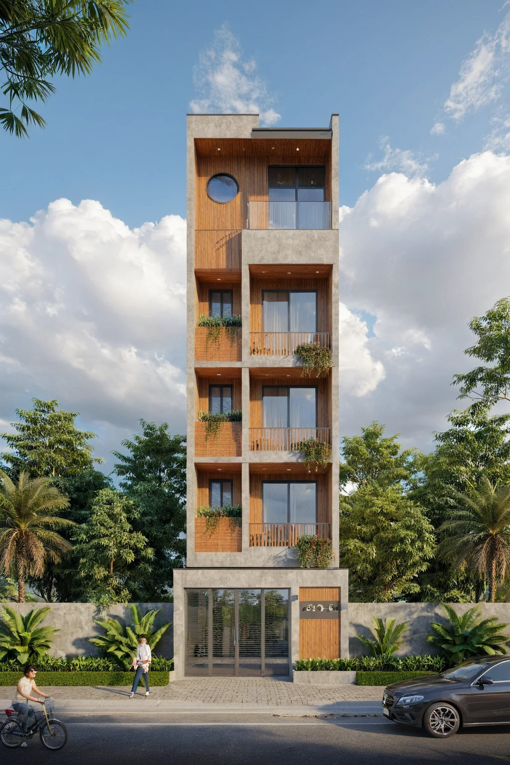 Raw photo,Masterpiece, high quality, best quality, authentic, super detail,
exterior, outdoors, house style modern on the street, glass windows, gate, wooden ceiling,
road,pavement, trees, sky, cloud, (daylight:1.1)