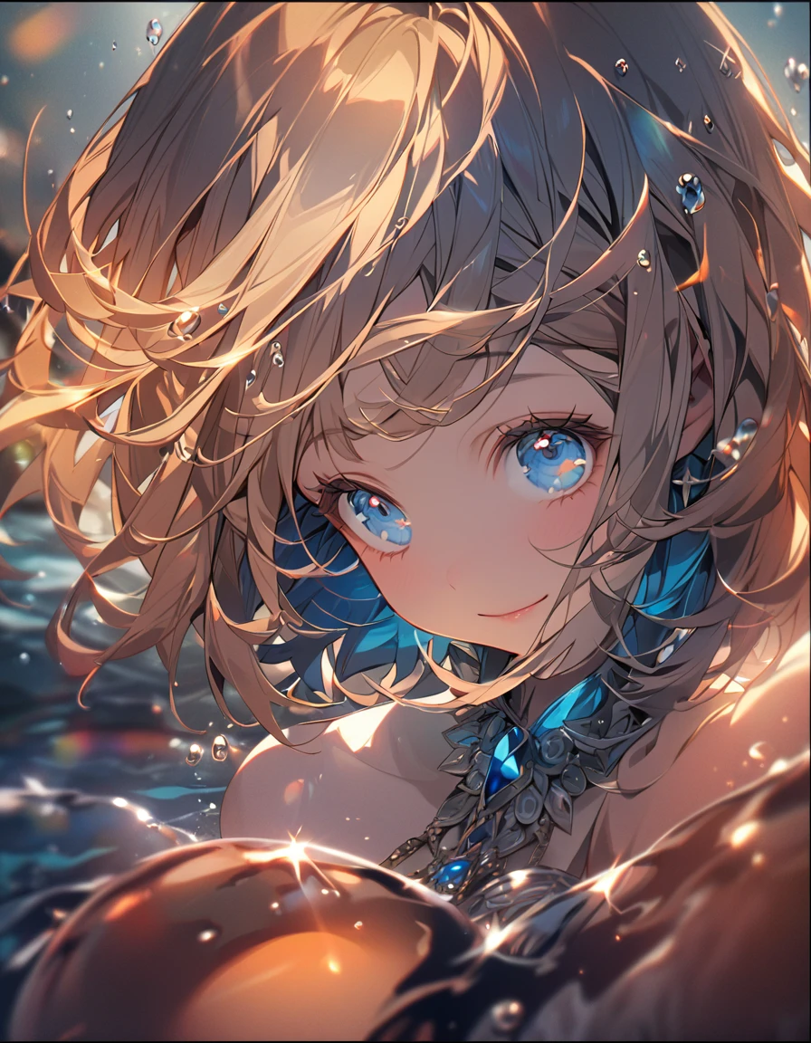 A cute girl in a swimsuit(original bikini swimsuit)(Small body) (Little Girl:1.5), (blonde:1.5)(eyelash:1.2)(eye shadow:1.3) (Blue eyes:1.5), (Beautiful fine details:1.4) (Short Bob Hair:1.4), (Blue eyes)(Big Breasts:1.3) (White skin:1.2)Height: 130cm, original character, Fantasy, View Viewer Art: (A girl with beautiful deep eyes. The depth of field in the photo is perfect、Lens flares create a nice atmosphere. The details of her face really stand out, This photo definitely gets a 10 or more.. background, There is a beautiful sea with crystal clear water and water droplets floating on the surface. Laughing happily