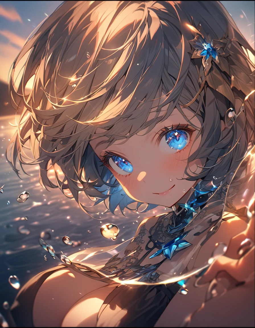 A cute girl in a swimsuit(original bikini swimsuit)(Small body) ( Girl:1.5), (blonde:1.5)(eyelash:1.2)(eye shadow:1.3) (Blue eyes:1.5), (Beautiful fine details:1.4) (Short Bob Hair:1.4), (Blue eyes)(Big Breasts:1.3) (White skin:1.2)Height: 130cm, original character, Fantasy, View Viewer Art: (A girl with beautiful deep eyes. The depth of field in the photo is perfect、Lens flares create a nice atmosphere. The details of her face really stand out, This photo definitely gets a 10 or more.. background, There is a beautiful sea with crystal clear water and water droplets floating on the surface. Laughing happily