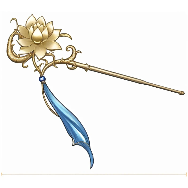 A cartoon illustration of gold and blue flowers with a long stick, Scepter, long trunk holding a Sticks, Gilded Lotus Princess, Magic Wand, Intricate Fantasy Spear, The gorgeous Korean long-handled weapon behind her, metallic Scepter, Sticks, wizard Magic Wand, Magic Fishing Rod Weapon, magic Sticks, 拿着Magic Wand, long elegant tail, holding Sticks, Dragon Staff